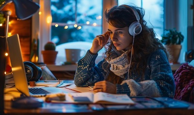 Frau lernt Dänisch Anfänger Sprachkurs mit Kopfhörern