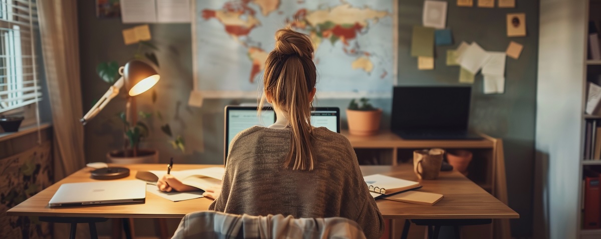 Europäische Anfängerin lernt Singhalesisch mit Laptop und Notizbuch, Sri-Lanka-Karte im Hintergrund