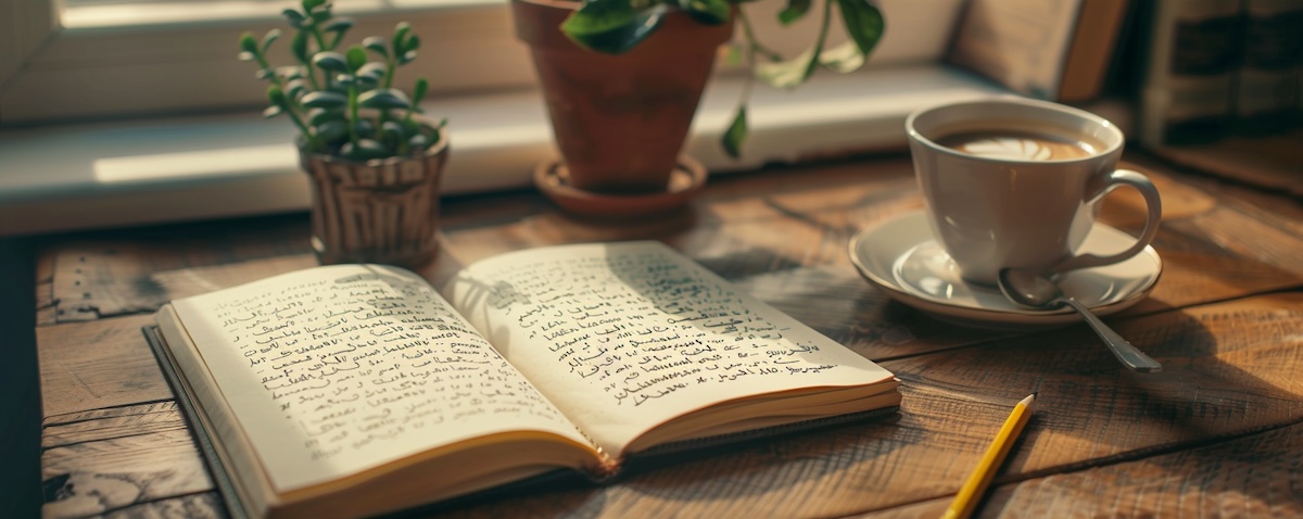 Mazedonisch für Anfänger: Notizbuch mit kyrillischen Buchstaben und Kaffee auf dem Schreibtisch