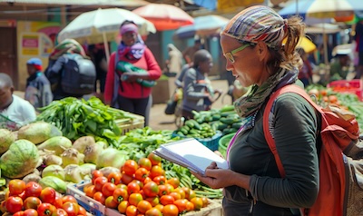 Anfängerin nutzt erste Madagassisch-Sätze am Markt in Antananarivo