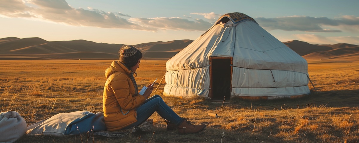 Europäische Reisende lernt Mongolisch vor einer Jurte in der weiten mongolischen Steppe